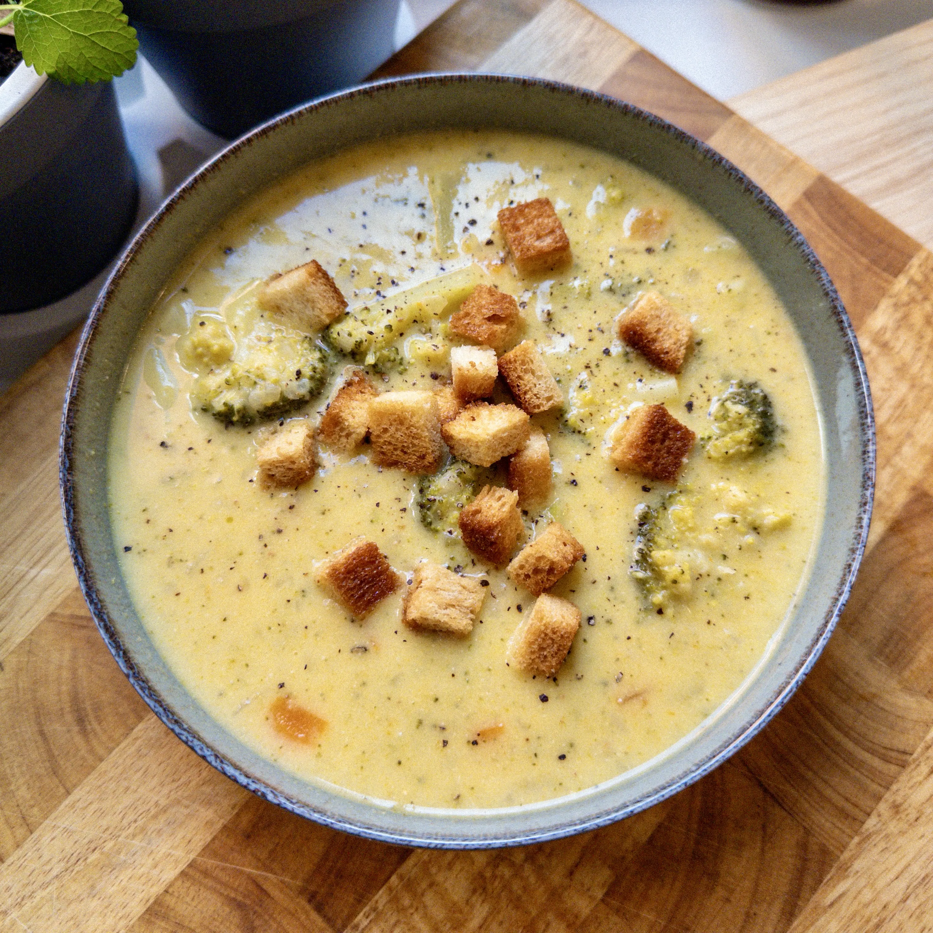 Broccoli cheddar soup. A creamy broccoli soup with cheddar cheese, carrots and a hint of Dijon mustard.
